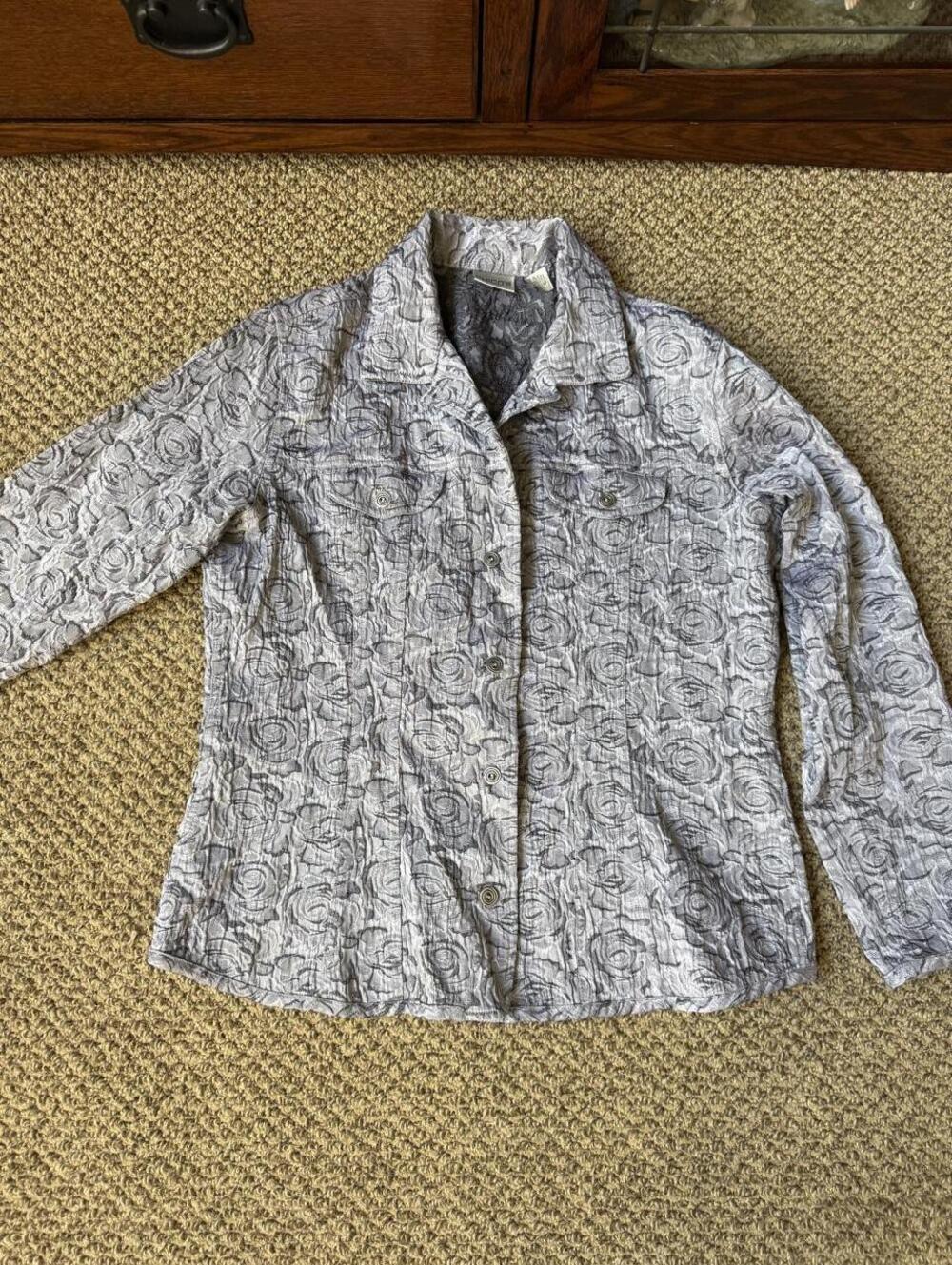 Chico's purple & gray swirl pattern button up long sleeve